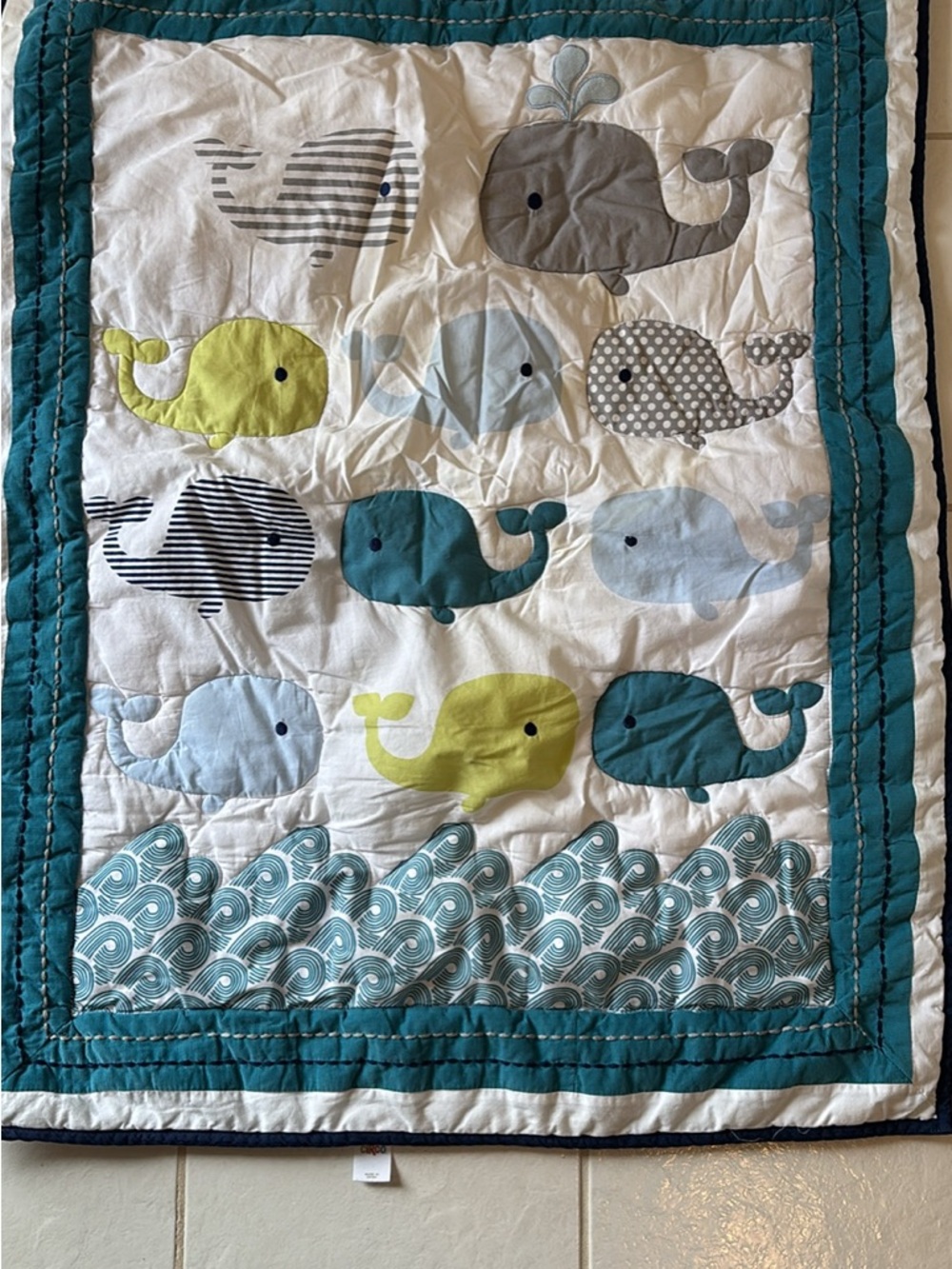 Whale Patchwork Baby Quilt - Teal, Navy, Gray & Lime